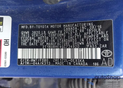 2016 Toyota Corolla S Plus from USA, damaged, VIN 2T1BURHE4GC734920